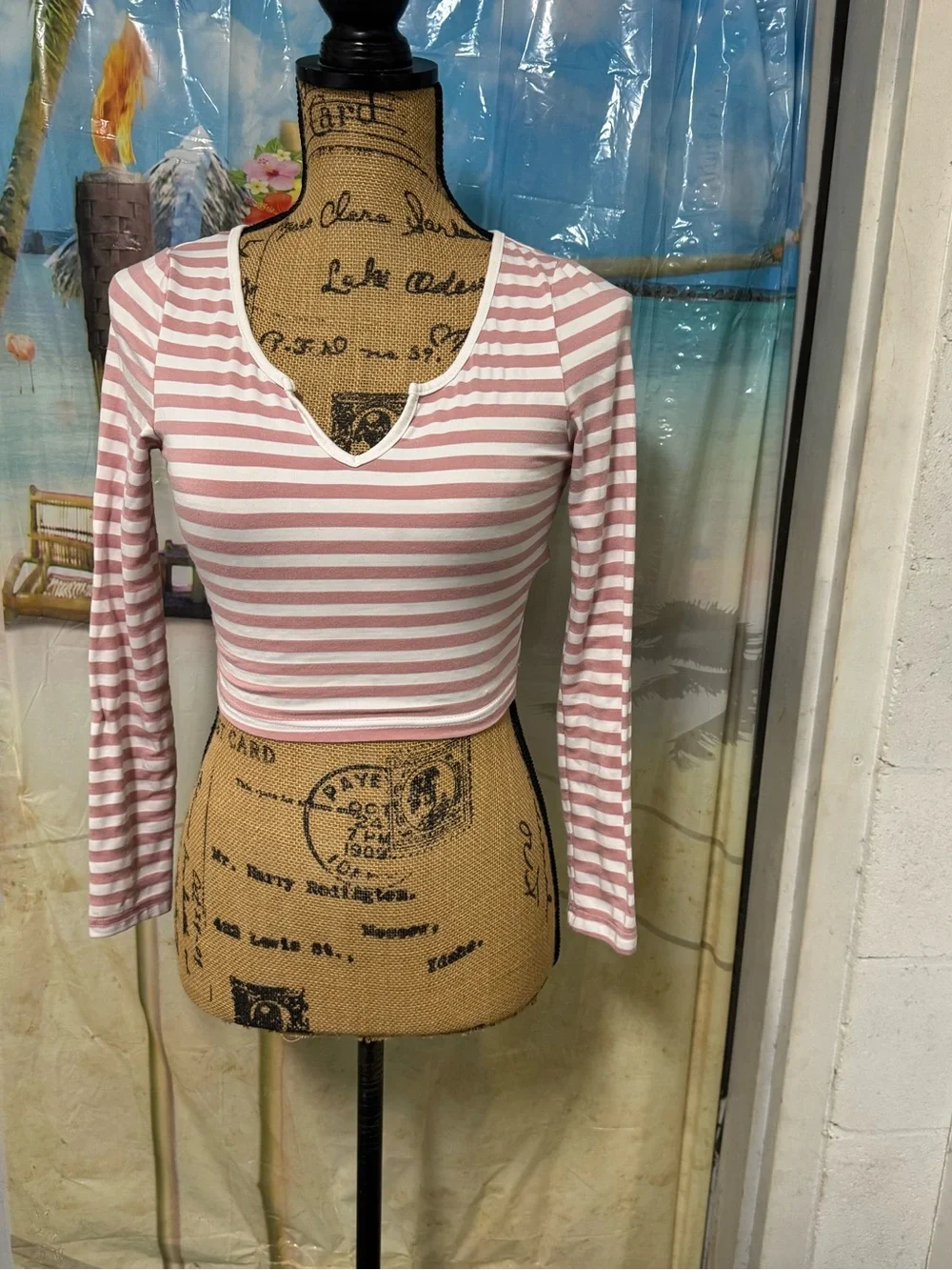 SHEIN Pink & White Striped V-Neck Long Sleeve Crop Top